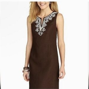 Talbots Brown Linen Sleeveless Dress Embroidered Beadwork Sz 16 NWT